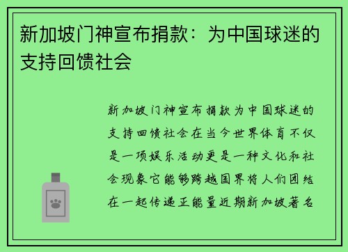 新加坡门神宣布捐款：为中国球迷的支持回馈社会