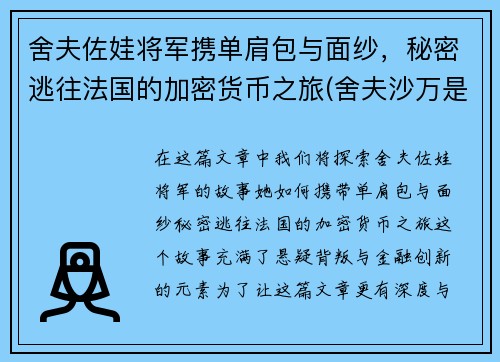 舍夫佐娃将军携单肩包与面纱，秘密逃往法国的加密货币之旅(舍夫沙万是哪里)