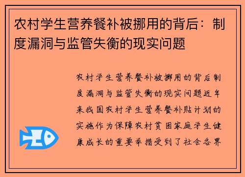 农村学生营养餐补被挪用的背后：制度漏洞与监管失衡的现实问题