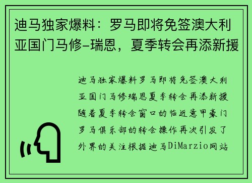 迪马独家爆料：罗马即将免签澳大利亚国门马修-瑞恩，夏季转会再添新援