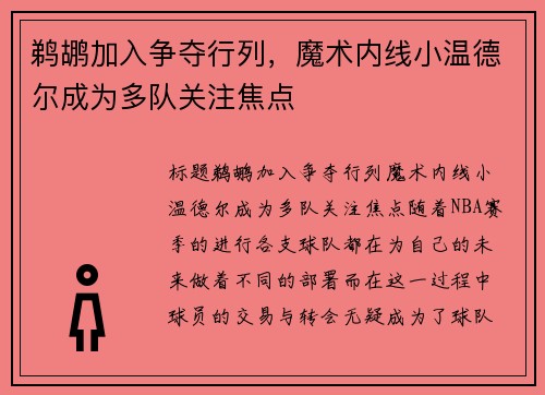 鹈鹕加入争夺行列，魔术内线小温德尔成为多队关注焦点