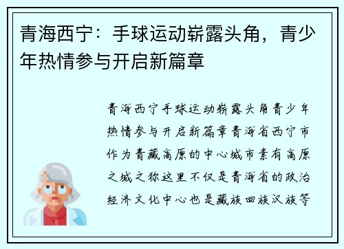 青海西宁：手球运动崭露头角，青少年热情参与开启新篇章