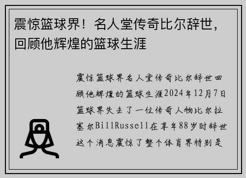 震惊篮球界！名人堂传奇比尔辞世，回顾他辉煌的篮球生涯