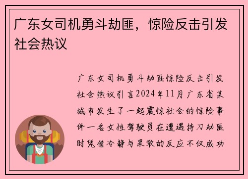 广东女司机勇斗劫匪，惊险反击引发社会热议