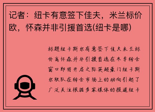 记者：纽卡有意签下佳夫，米兰标价欧，怀森并非引援首选(纽卡是哪)